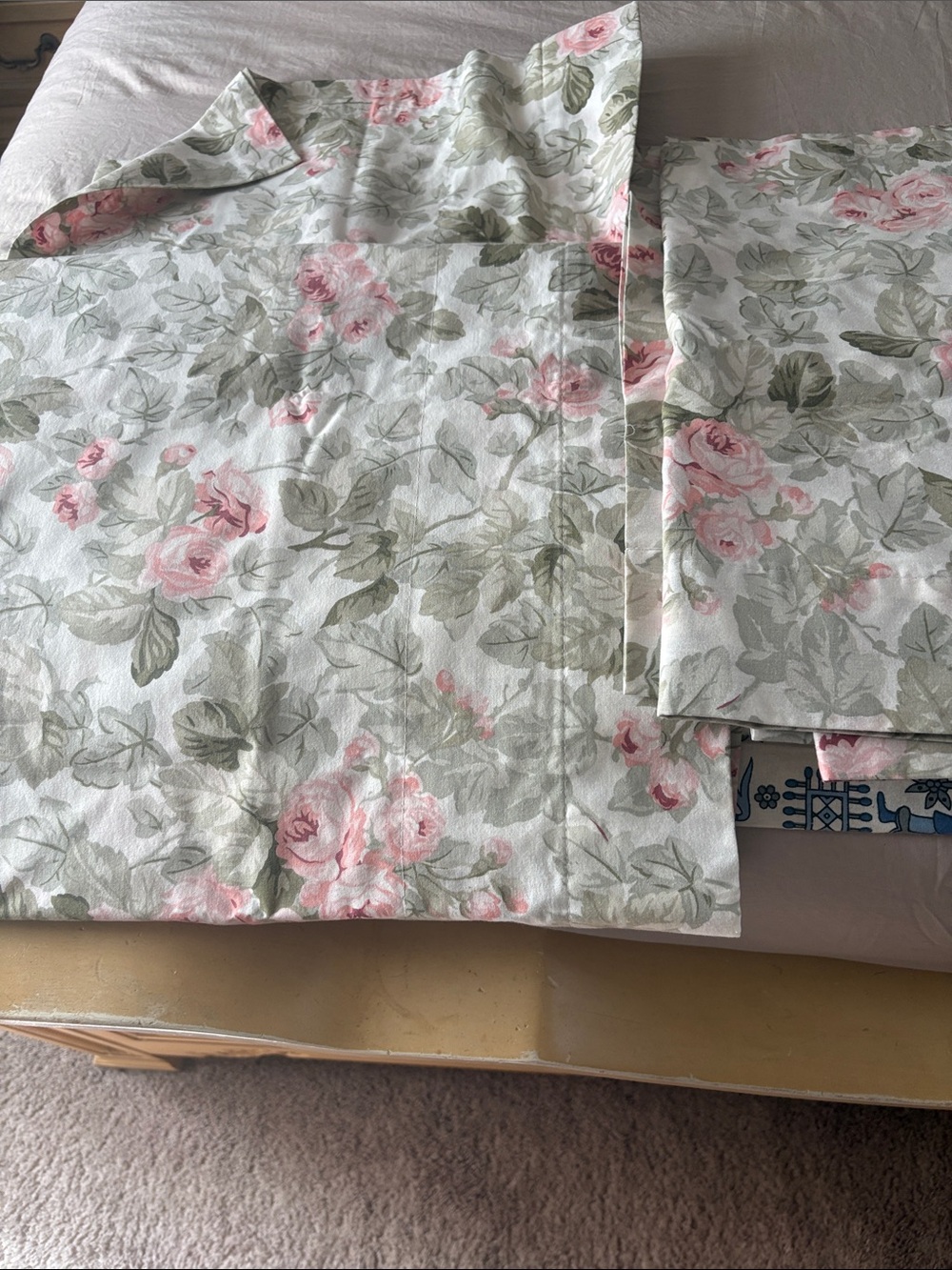 Floral Rose Cotton Pillowcases - Pink and Sage 2 panels
